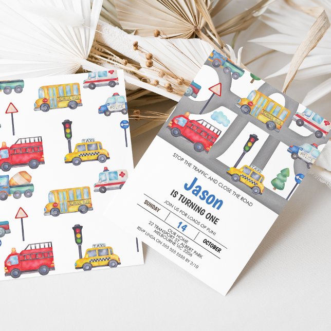 Invitation Boys Véhicules ou Transport Road 1er anniversaire (Cute boy's transport themed first birthday invitation featuring various vehicles and grey road.)