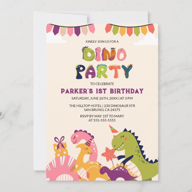 Invitation Boys Watercolor Dinosaur 1er anniversaire (Devant)