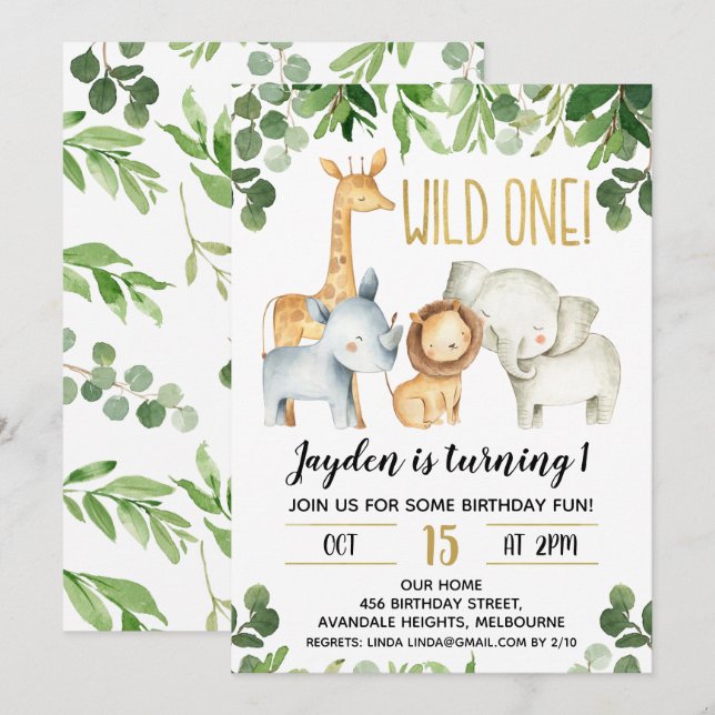 Invitation Boys Wild One Foliage Safari Anniversaire Invitati (Devant / Derrière)
