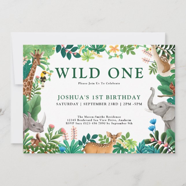 Invitation Boys Wild One Jungle Safari Animaux 1er anniversai (Devant)