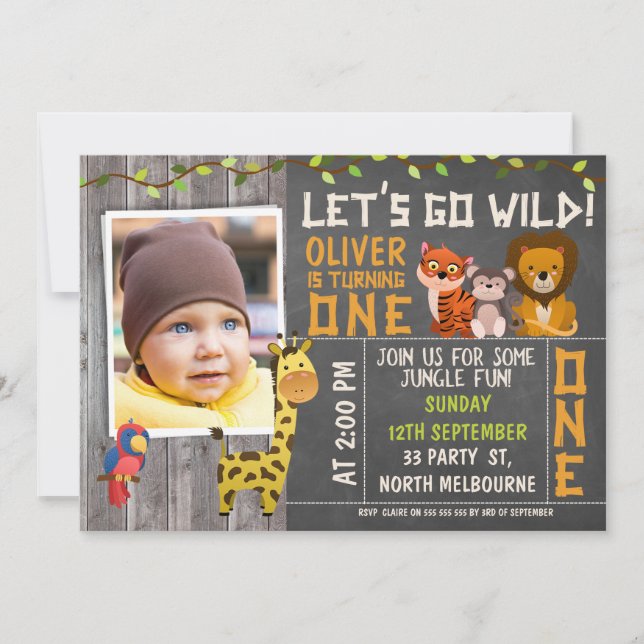 Invitation Boys Wild Safari Animaux 1er Anniversaire Invitati (Devant)