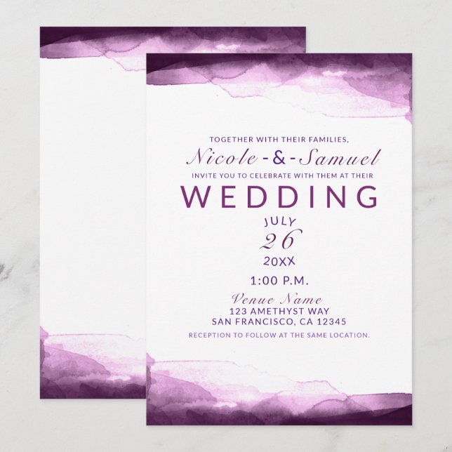 Invitation Boysenberry Purple Aquarelle Chic Mariage moderne (Devant / Derrière)