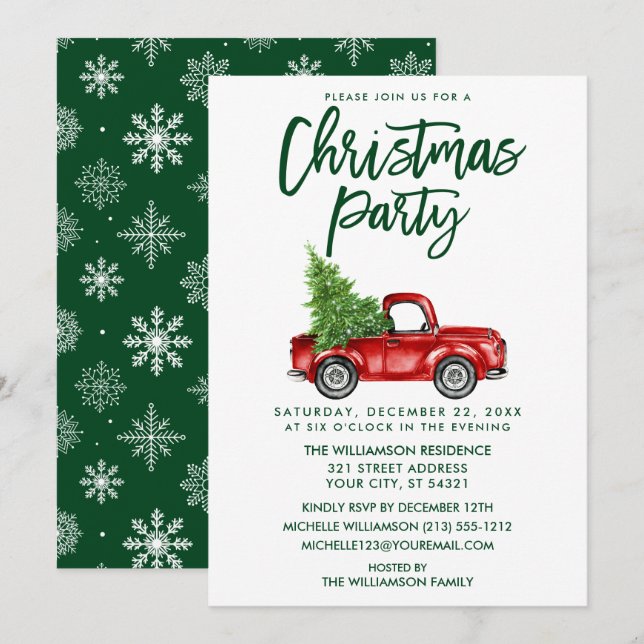Invitation Bracelet Script Rouge Vintage camion fête de Noël  (Devant / Derrière)