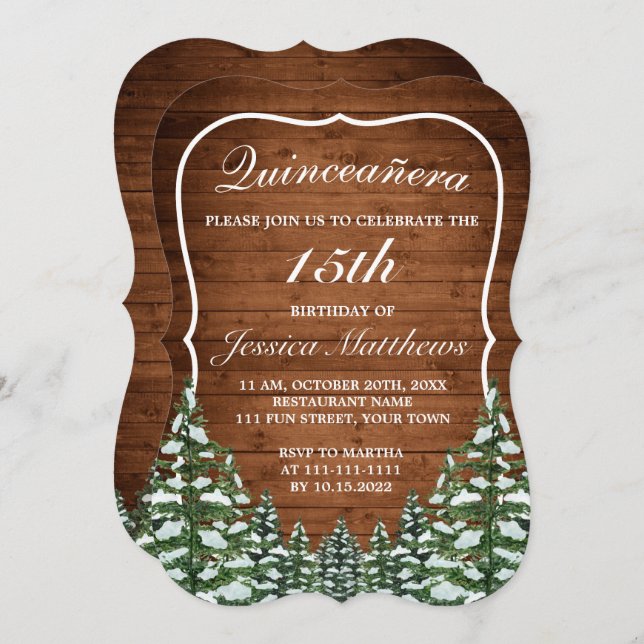 Invitation Bracket Forêt de neige Pine rurale Tiara Quinceañe (Devant / Derrière)