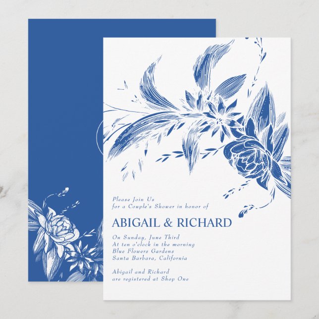 Invitation Branche avec fleurs bleues mariages couples douche (Devant / Derrière)