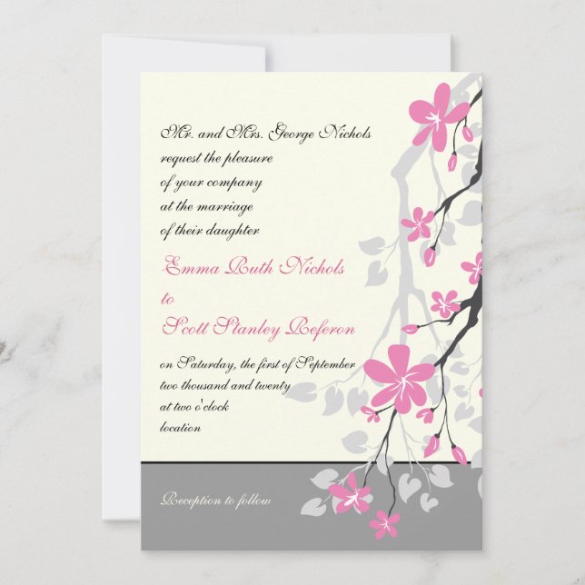Invitation Branche avec fleurs roses mariage personnalisé (Devant)