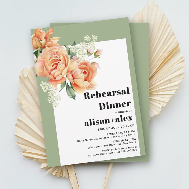 Invitation Branche avec rose de pêche Dîner de répétition mar (Créateur téléchargé)