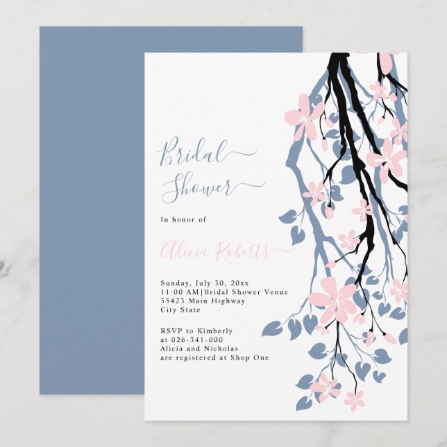 Invitation Branche bleu poussiéreux, fleurs roses douche nupt (Devant / Derrière)