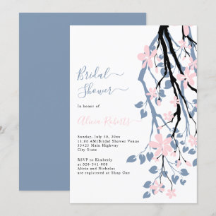 Invitation Branche bleu poussiéreux, fleurs roses douche nupt