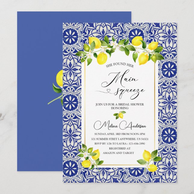 Invitation Branche de citron et mosaïque bleue aquarelle mari (Devant / Derrière)