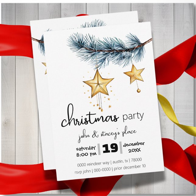 Invitation Branche de l'arbre de vacances avec la partie des  (Modern holiday party Christmas customizable invitation with pine and gold stars)