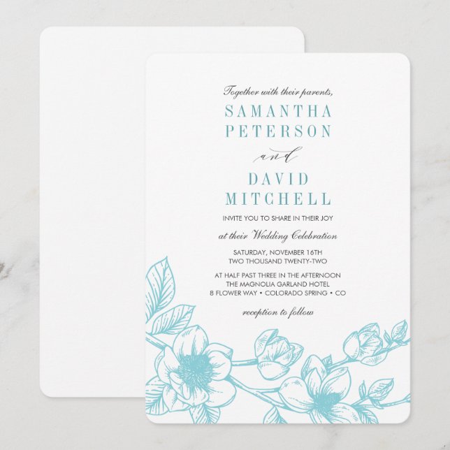 Invitation Branche de Magnolia florale | bleu pâle | MARIAGE (Devant / Derrière)