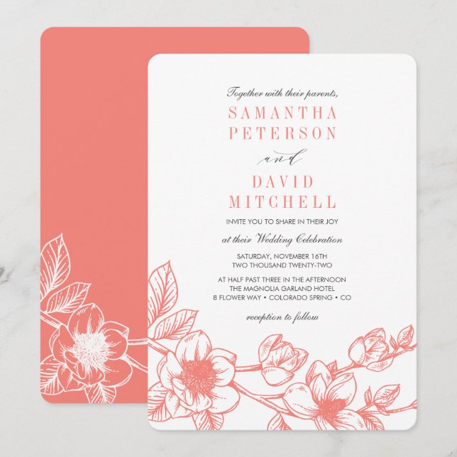 Invitation Branche de Magnolia florale | Corail | MARIAGE (Devant / Derrière)