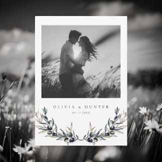 Invitation Branche d'olive moderne Mariage photo noir et blan