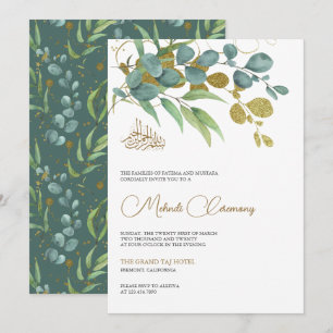 Invitation Branche dorée eucalyptus rustique Mehndi islamique