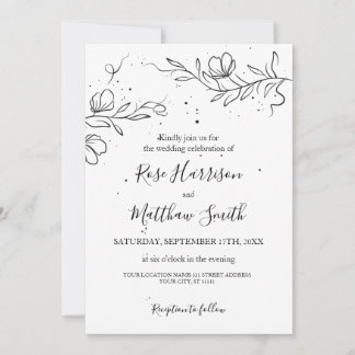 Invitation Branche fleurie stylisée et gouttes d'encre Mariag