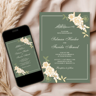 Invitation Branche Florale Crème Vert Sauge pour Mariage Musu