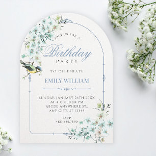 Invitation branche florale oiseau anniversaire