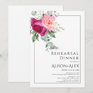 Invitation Branches avec fleurs roses roses répétition dîner