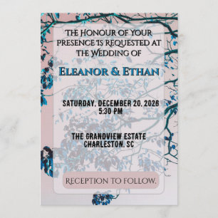 Invitation Branches Bleu Canard Artistiques Ciel Rose Moderne