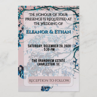 Invitation Branches Bleu Canard Artistiques Ciel Rose Moderne
