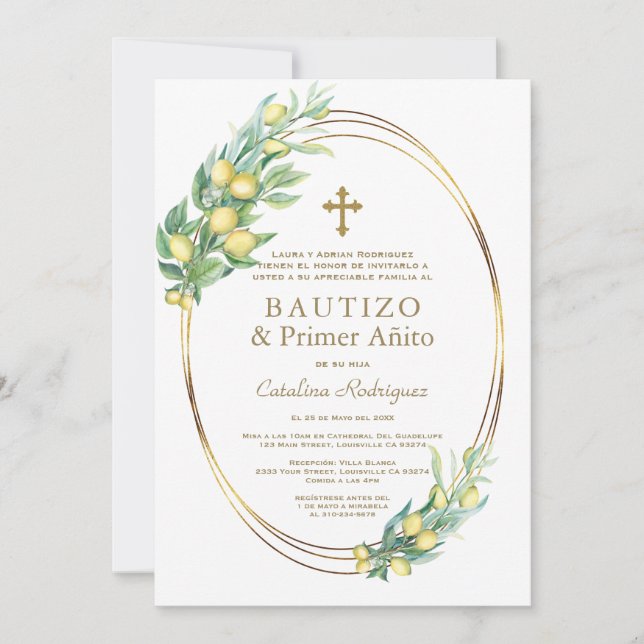 Invitation Branches de citron Or espagnol 1er anniversaire Ba (Devant)