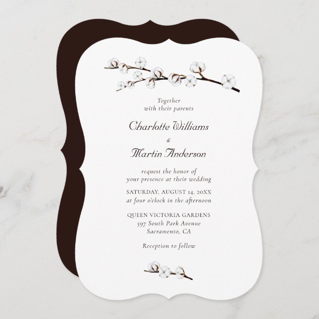 Invitation Branches de coton Mariage d'aquarelle (Devant / Derrière)