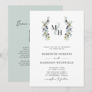Invitation Branches d'olivier Symbole de l'amour Monogramme M