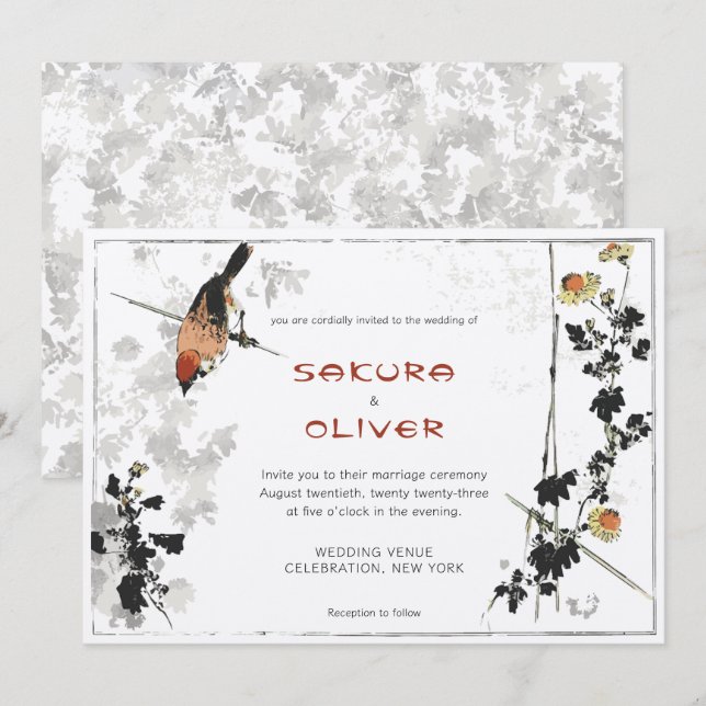 Invitation Branches japonaises d'oiseaux Feuilles Vintages (Devant / Derrière)