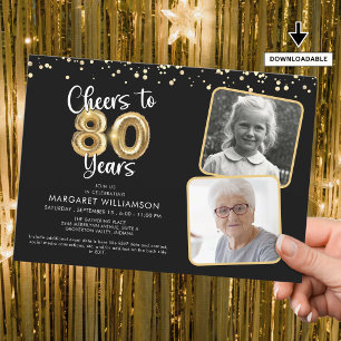 Invitation Bravo à 80 ans2 Photos Script Balloon Confetti