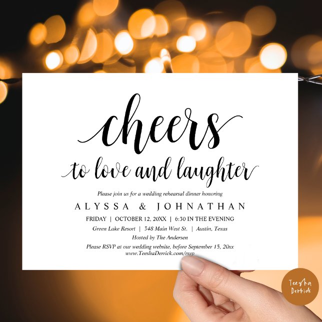 Invitation Bravo à l'amour et le rire, répétition Mariage (Cheers to love and laughter, Wedding Rehearsal Dinner Invitation Card, PDF, in Black and White)