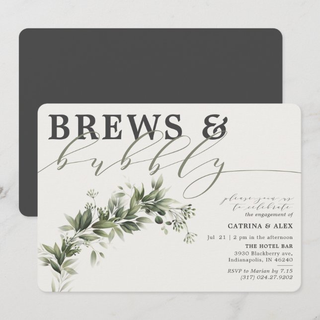 Invitation Brews Bubbly Grey Faded Green Party (Devant / Derrière)