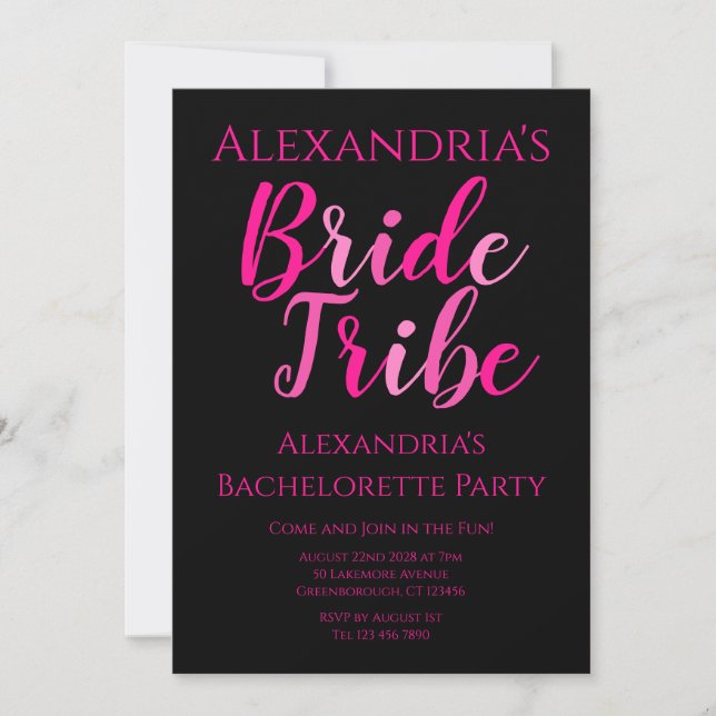 Invitation Bribe Tribe Bachelorette Party Hot rose Noir (Devant)