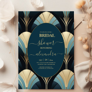 Invitation Bridal Art Déco Bleu et Or sophistiquée