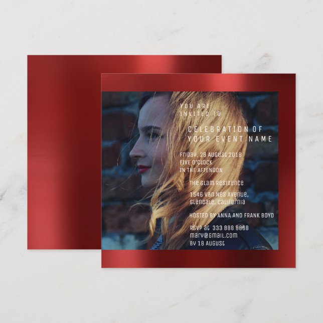 Invitation Bridal Foto Graduation Anniversaire Ruby Red Metal (Devant / Derrière)