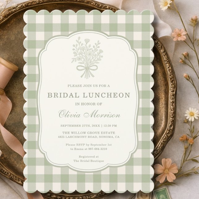 Invitation  Bridal Luncheon Gingham Sage Green Floral Bow (Créateur téléchargé)