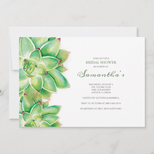Invitation BRIDAL SHOWER, Aquarelle Succulente (Devant)