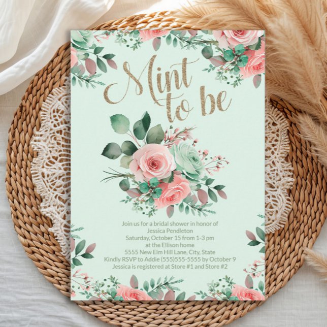 Invitation Bridal Shower Mint to Be Pink Roses Greenery (Elegant Mint to Be Bridal Shower invitation)