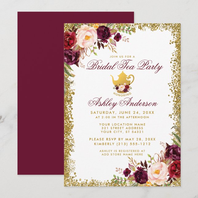 Invitation Bridal Tea Party Bourgogne Gold Parties scintillan (Devant / Derrière)