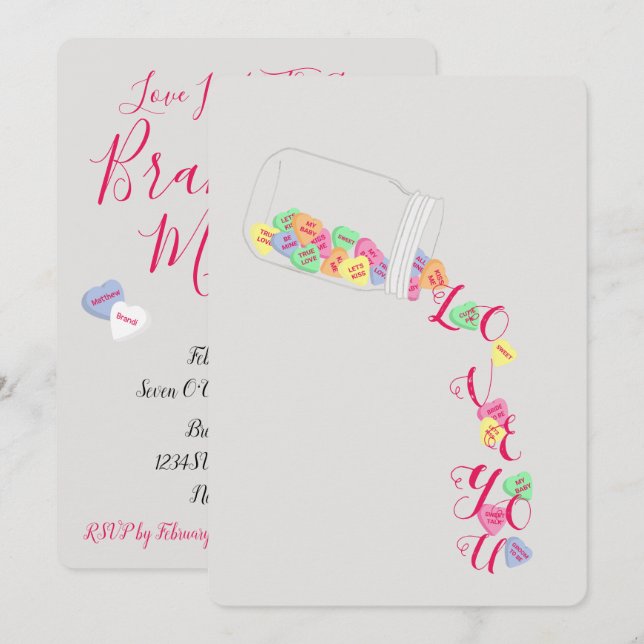 Invitation BRIDE Candy Hearts I Love You Celebration Party (Devant / Derrière)