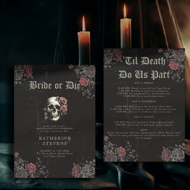 Invitation Bride Die Skull Roses Bachelorette Party Itinérair (bride or die bachelorette party invitation itinerary moody dark goth gothic til death floral skull)
