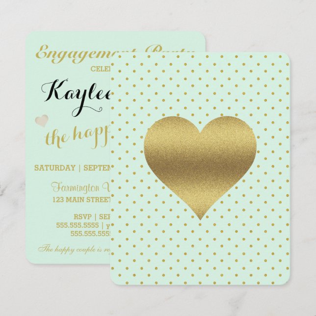 Invitation BRIDE Mint Et Gold Heart Polka Dot Shoot Party (Devant / Derrière)