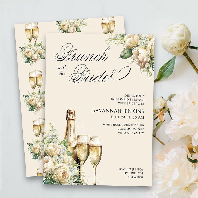 Invitation Bridesmaid Brunch avec la mariée Rose Champage (Brunch with the Bride floral champagne bridesmaid's brunch invitation on cream)