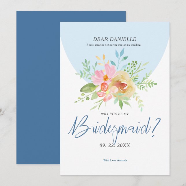 Invitation Bridesmaid Typographie moderne Fleurs délicates (Devant / Derrière)