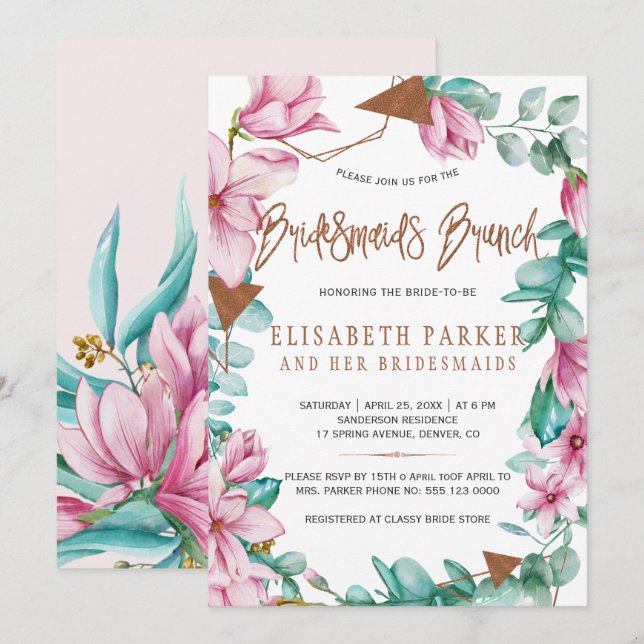 Invitation Bridesmaiers brunch aquarelle rose douche nuptiale (Devant / Derrière)