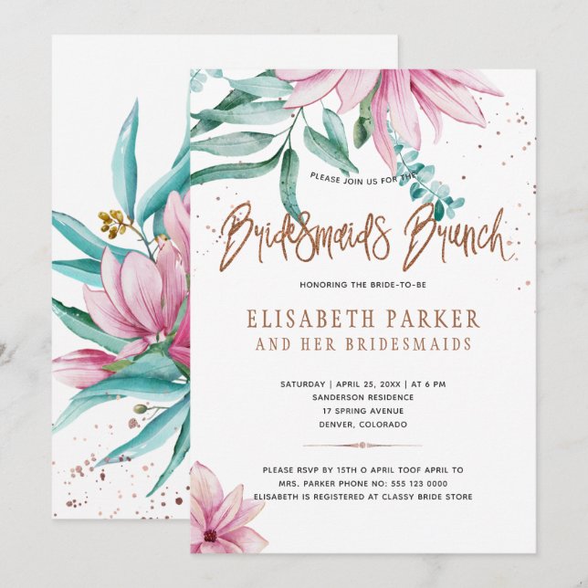 Invitation Bridesmaiers brunch rose floral glam nuptiale douc (Devant / Derrière)