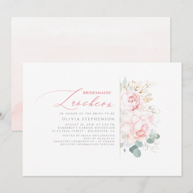 Invitation Bridesmaiers déjeuner rose Fête des mariées floral (Devant / Derrière)