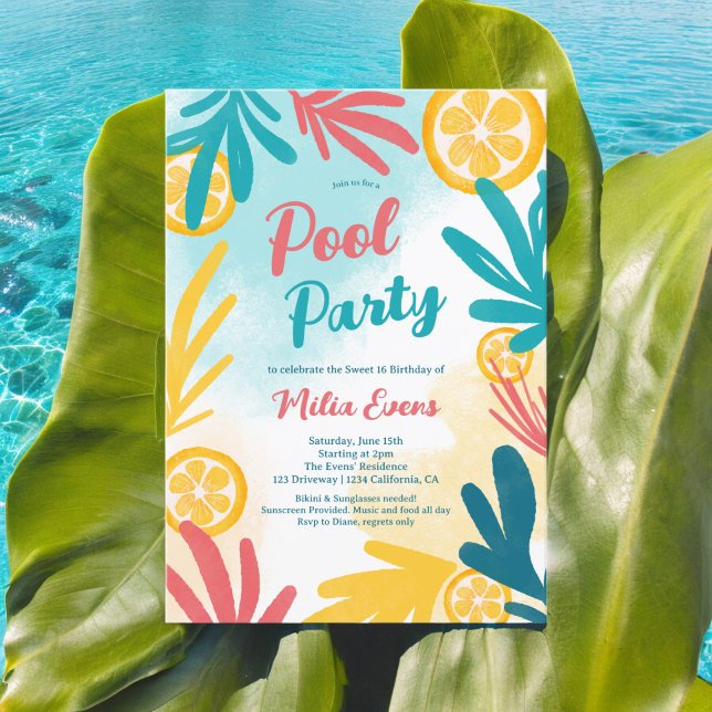 Invitation Bright bold Tropical beach pool party Sweet 16 (Bright bold Tropical beach pool party Sweet 16 Invitation)