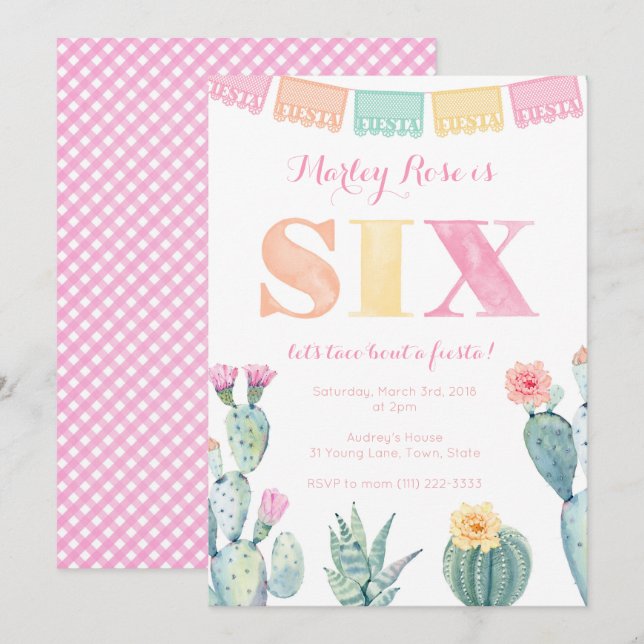 Invitation Bright Fiesta 6e anniversaire fête de cactus fille (Devant / Derrière)