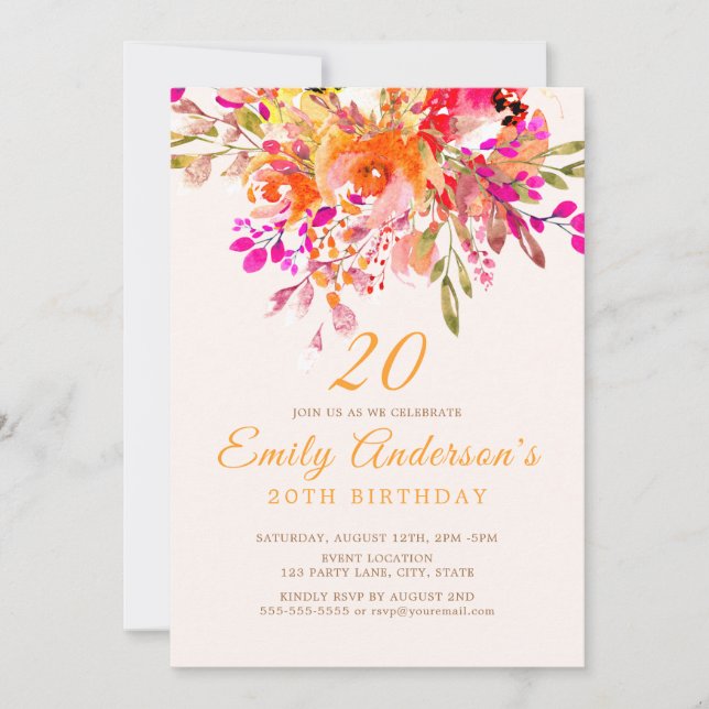 Invitation Bright Floral Romantique 20ème anniversaire fête (Devant)